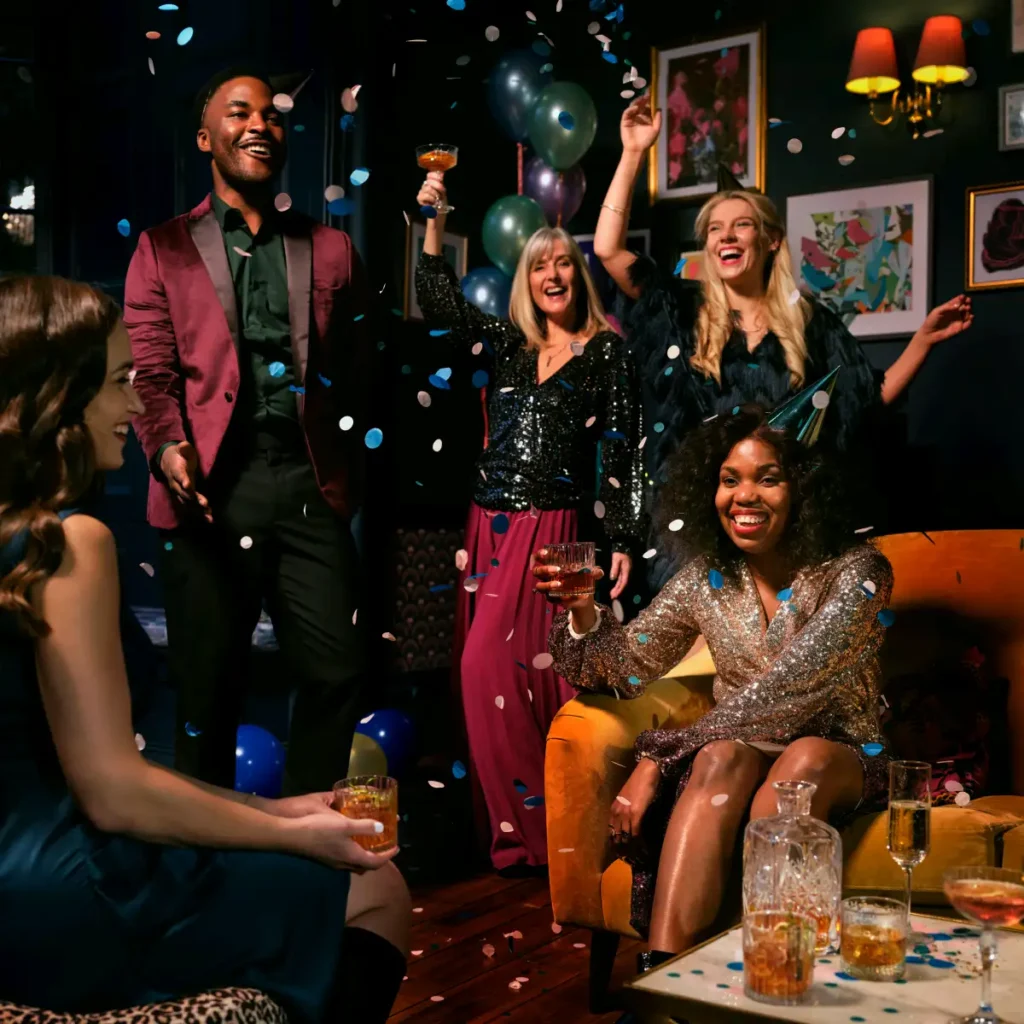 Sfeervol vintage feest met retro inrichting, mensen in glitteroutfits, drankjes en confetti